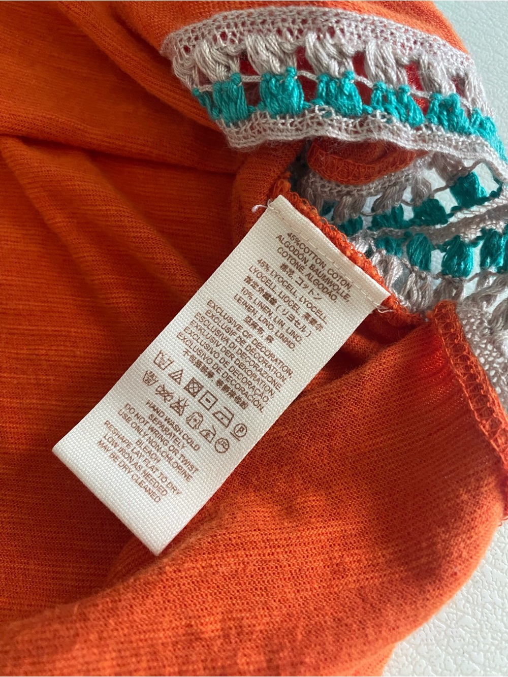 We The Free Bright Orange Tank with Teal & Cream Crochet Trim - Picture 4 of 5